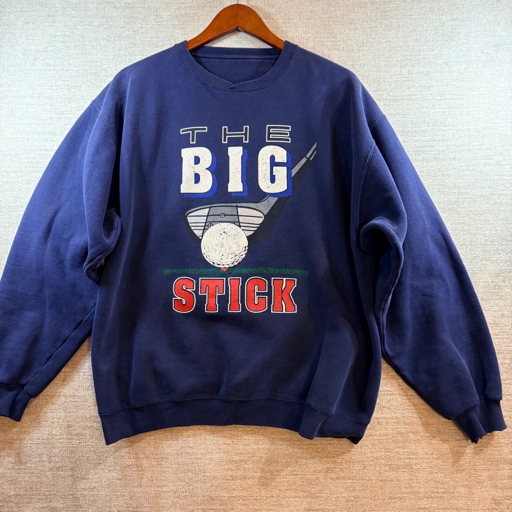 Vintage The Big Stick‎ Golf Sweatshirt Unisex LG Navy Blue Made in USA RN 73164